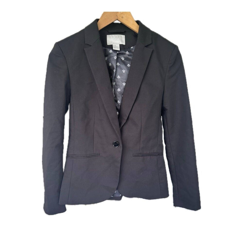 H&M Women's Black Single Button Faux Front Pockets Blazer Suit Coat Jacket 8